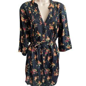 Pure Energy Dark Floral Women's shirt dress Sz 2 bottoms down ties waist strings